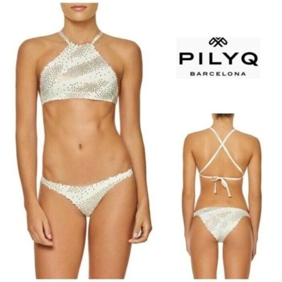 NWT Pilyq S City of Stars Reversible Seamless Hi-Neck Bikini Top & Bottoms 86314 - Picture 2 of 5